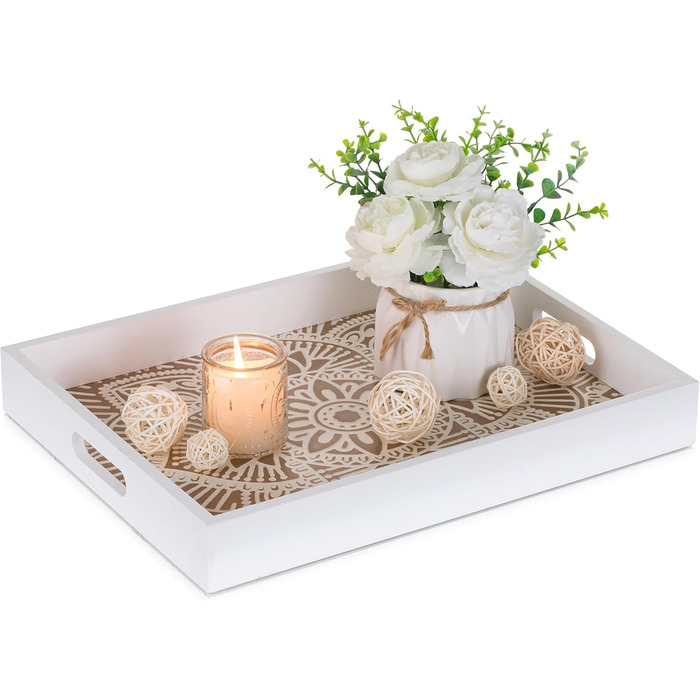 Hanobe Rectangular Wooden Tray Decor Serving Tray: Boho Decor Tray Flowers Wood Tray with Handle White Small Candle Trays Farmhouse Candle Tray for Coffee Table Tealight Kitchen Table