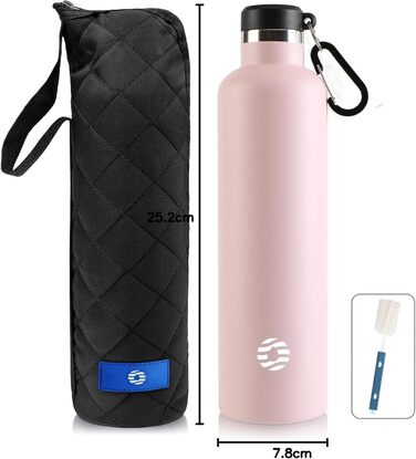 Фляга спортивна Feijian 1L з карабіном - термофляга з нержавіючої сталі, витримує напій з газом, без BPA, для туризму, спорту, школи, велосипеда, армійського кольору (Рожева, 750 мл)