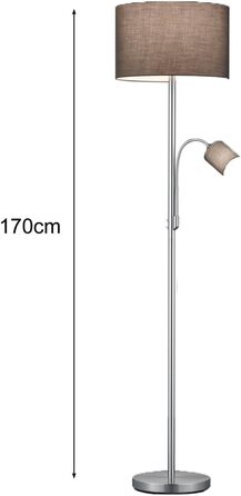 Стельова лампа Trio Leuchten Hotel 403900211, металевий нікель матовий, сірий тканинний абажур, комплектація: 1x E27 + 1x E14, 60 Вт