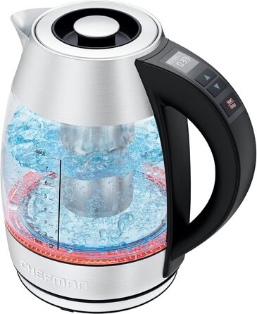 Chefman 1.8L Electric Glass Kettle with Temperature Control - Stainless Steel, Infuser, Auto Shutoff, LED Display