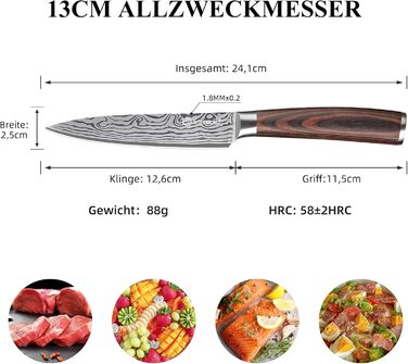 Ніж кухарський Sunnecko, ніж для риби професійний - ніж для м'яса з гострою клинком, ніж для розбору риби з нержавіючої сталі з ручкою з паккавуда в подарунковій коробці (13см універсальний ніж)