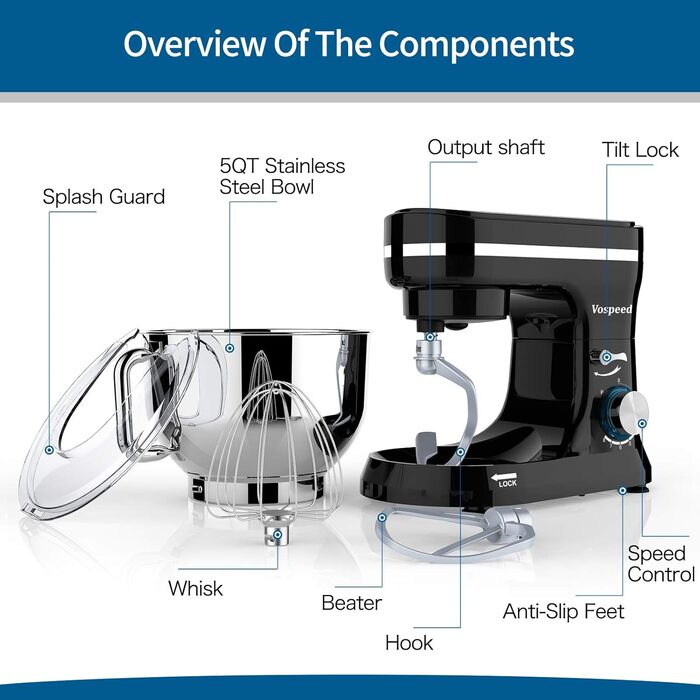 Планетарний міксер-тістоміс Vospeed, 5QT, 8 швидкостей, з чашею з нержавіючої сталі та набором насадок (гак, вінчик, міксер), чорний