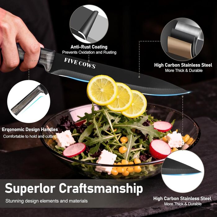 Набір кухонних ножів Messerblock з 16 предметів, з дощечкою, захистом пальців, точилкою та кухонними ножицями, професійний набір для дому (зелений, чорний)