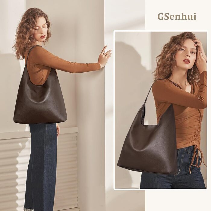 Жіноча шкіряна сумка-шопер GSenhui Hobo Bag (кава) – велика, м'яка, вінтажна сумка на плече для роботи, навчання, покупок