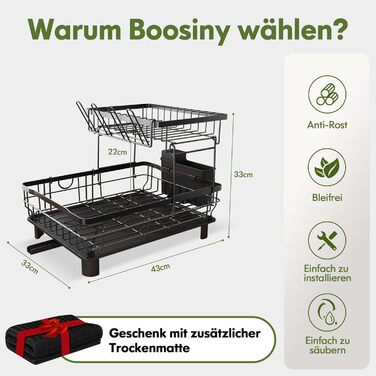 Сушарка для посуду Boosiny з нержавіючої сталі, чорна, з підставкою для столових приладів, підставкою для кухонного приладдя, тримачем для дощок і килимком для стікання води, для кухонної стільниці