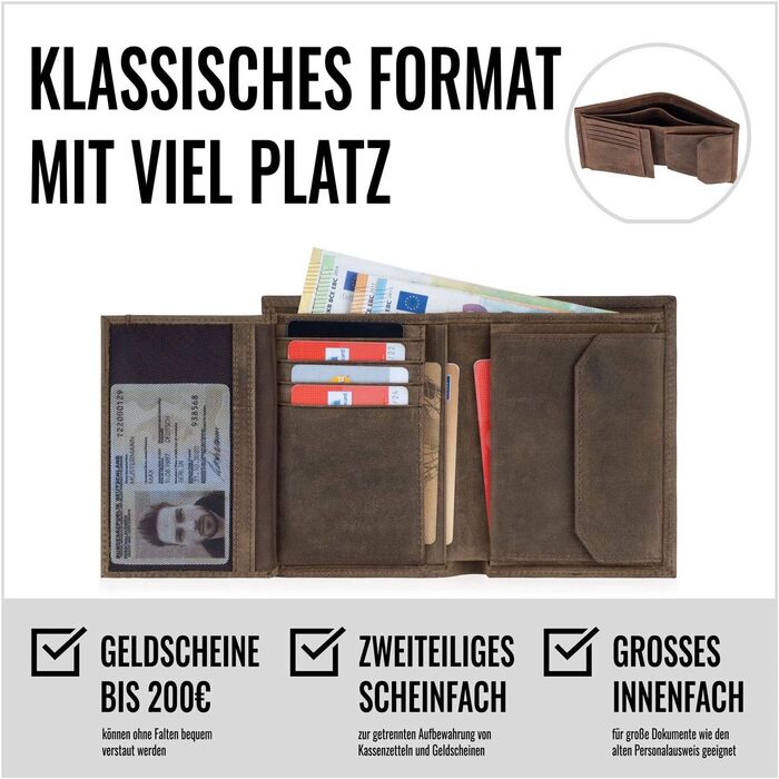 KORUTA Leather Wallet for Men with RFID Protection | Large Bifold Wallet with Coin Pocket | 13 Compartments | Genuine Leather Wallet for Men | Wallet Portmonee Brown