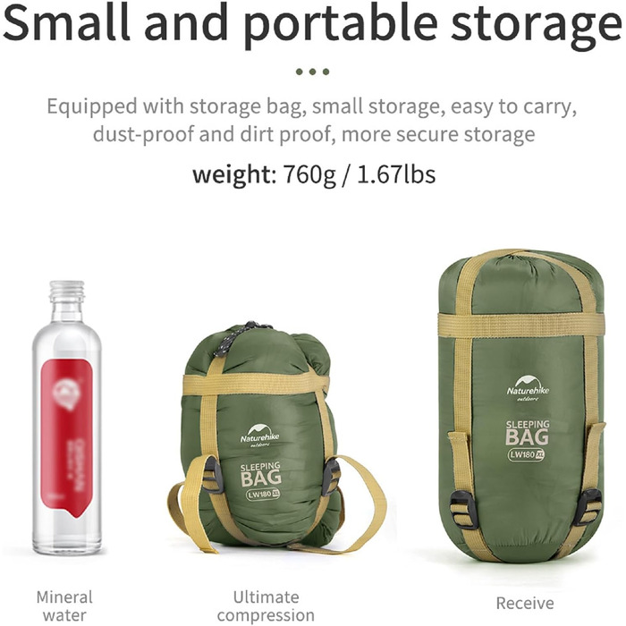 Спальний мішок Naturehike Ultraleicht: ультралегкий, 3-сезонний, 190x75/205x85 см, 680/760 г, для походів, кемпінгу, рюкзаків, 15°C, зелений XL