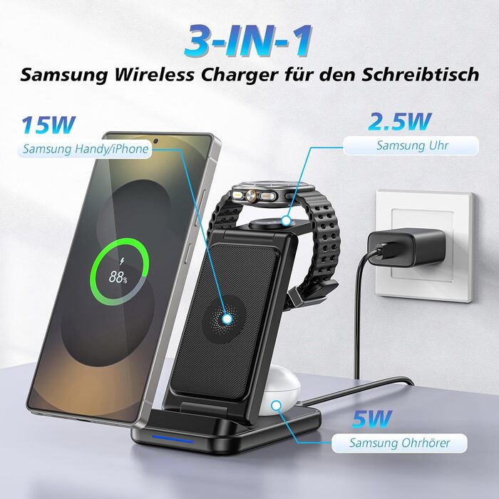 Бездротова зарядка 3-в-1 для Samsung: станція з подвійною котушкою, захистом від перевантаження та портативним дизайном для смартфонів, смарт-годинників та навушників