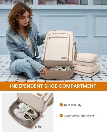 LOVEVOOK Рюкзак для ручної поклажі 40L з окремим відділенням для взуття, рюкзак-валіза для подорожей, жіночий, з відділенням для мокрого та сухого, 3 шт. (Бежевий, Хакі)