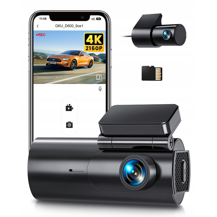 Автомобільний відеореєстратор GKU 4K 2.5K (передній та задній) з WiFi та карткою пам'яті 64ГБ, нічний режим