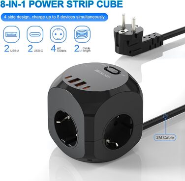 Розподільник розеток з USB-C, 4 розетки, плоский штекер, індивідуальне вмикання, куб з кабелем 2м для офісу, дому, подорожей - білий