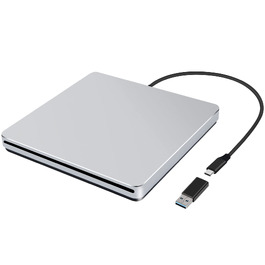 Зовнішній DVD-накопичувач для ноутбука: Портативний USB CD/DVD привід та записувач для Mac, MacBook, PC, Windows (Сріблястий)