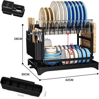 Сушарка для посуду Moufier з 2 ярусами, з піддоном та тримачем для кухонного приладдя, нержавіюча сталь