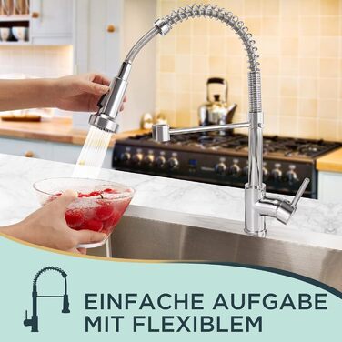 Кран кухонний FORIOUS з високим вигином, висувною лійкою, 360° поворот, 2 режими, нержавіюча сталь (шліфована/полірована)