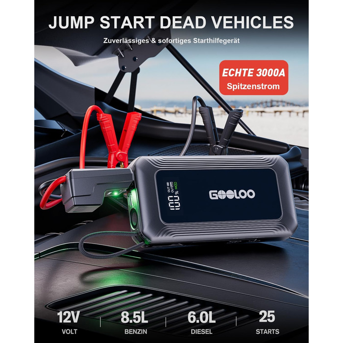 Powerbank для авто Gooloo G7 3000A: пусковий пристрій з USB-C, LED-ліхтарик, 12V (до 8.5L бензин/6L дизель)