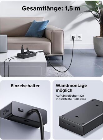 Мережевий фільтр UGREEN 10-в-1 з USB, подовжувач з 20W швидкою зарядкою USB-C, захист від перенапруги, 3680 Вт, кабель 1.5 м, для офісу та дому