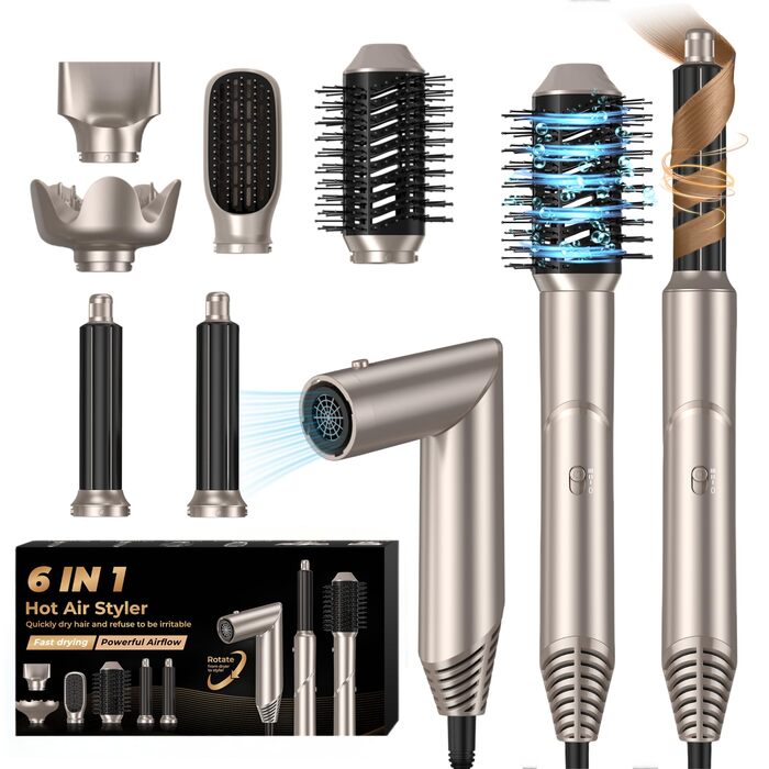 UKLISS 6-в-1 Аirstyler: Іонський фен-щітка з насадкою для локонів, дифузором та щіткою для волосся. Золотий колір. 6-в-1 для створення різноманітних зачісок.