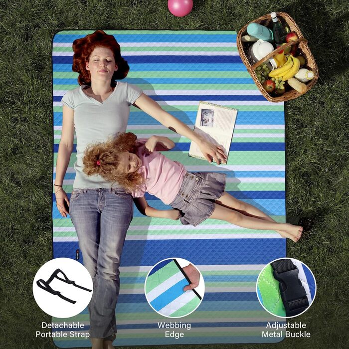 Великий плед для пікніка HX&OD, 203x152 см, водонепроникний, 3-шаровий, для кемпінгу, подорожей, парку, синій