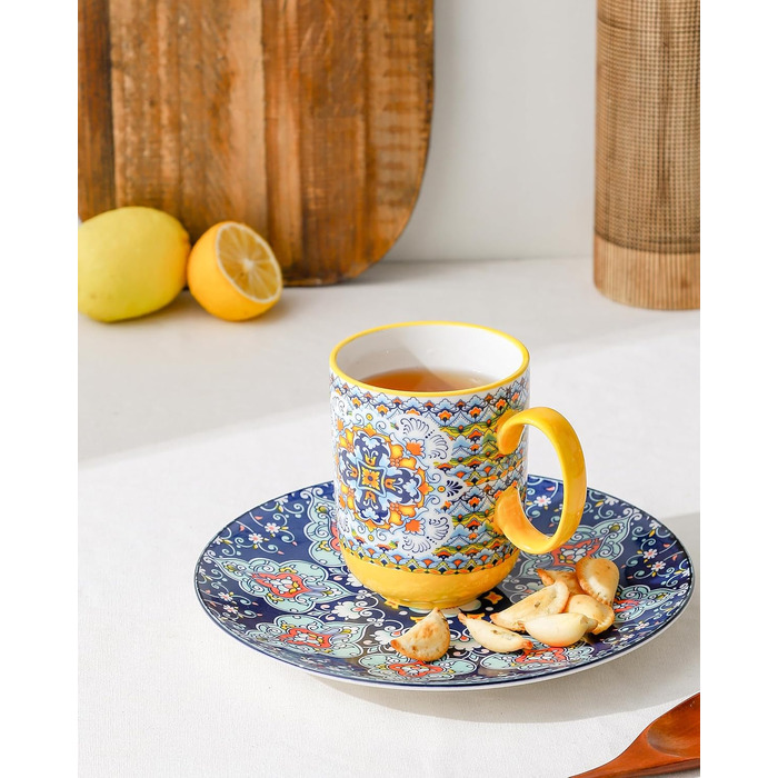 HENXFEN Ceramic Coffee Mugs, 410ml Coffee Cups Set with Handle, Porcelain Mugs for Tea Coffee Milk Cappuccino, Colorful, 6-Pack - Bohemian Style