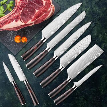 Набір кухонних ножів Dfito, 8 предметів, з нержавіючої сталі, різні розміри, зручні ручки