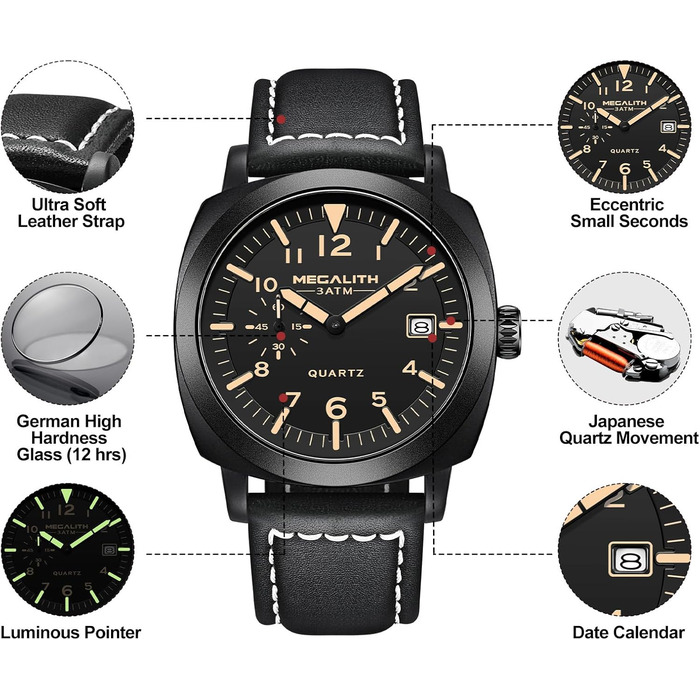 Чоловічий годинник MEGALITH Militär B-6: Водонепроникний годинник з LED-підсвічуванням, календар, сталевий корпус, шкіряний ремінь, кварцовий механізм