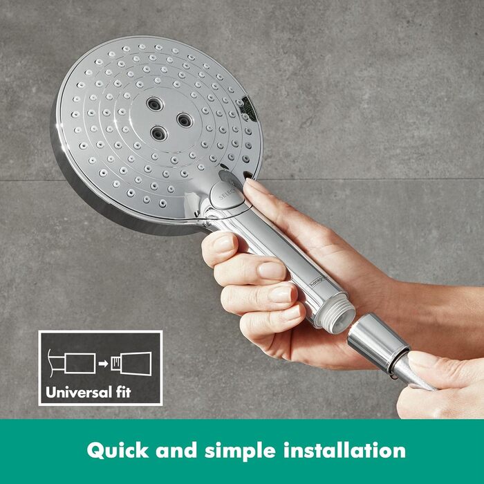 hansgrohe Raindance Select S - water-saving showerhead 9 l/min (EcoSmart), hand shower with 3 spray patterns, round shower head (⌀ 120 mm), water-saving showerhead with anti-limescale function, Chrome
