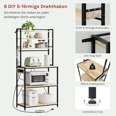 Кухонна полиця WOLTU з 6 ярусами, з розетками, мікрохвильова полиця з 6 гачками, полиця для пекаря з металевим каркасом, регульовані полиці, Чорний+Рустикальне коричневе, 60 x 167 x 40 см (Чорний+світлий дуб, 80 x 39,5 x 167 см)