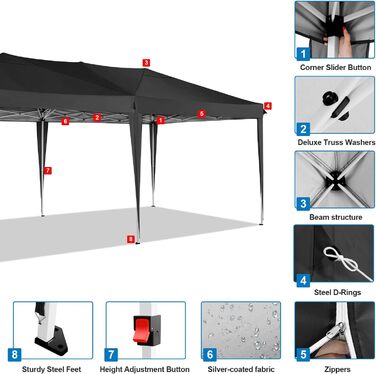 COBIZI Pop-up Pavilion 3x3, Folding Pavilion 3x3 Waterproof, Stable, Winter-proof |8X Pegs|4X Wind Rope|UV Protection 50+|High-Density Tarpaulin| Pavilion Foldable 3x3m Party Tent Folding Pavilion 3x3 Garden Pavilion (Black, 3x6m with 6 Side Panels)