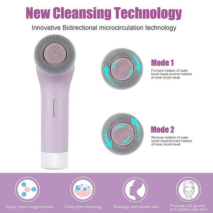 MyCarbon Electric Facial Cleansing Brush - IPX7 Waterproof, Rechargeable with USB Battery & 2x 360° Brush Heads for All Skin Types - Exfoliation & Deep Cleaning