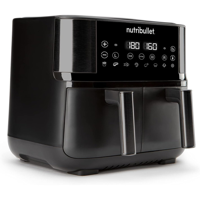 Nutribullet Double Drawer Air Fryer 8L with a wide selection of cooking modes, digital LED touchscreen, 8 programs, preheat & keep warm, grill, no oil, 2850 W, Black, NBA081B