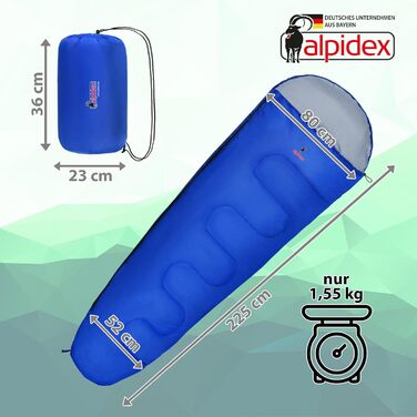 Сплячий мішок Alpidex 4-сезони, 225x80 см, -17°C, 400 GSM, ультралегкий, для кемпінгу, трекінгу, подорожей, синій (праворуч)