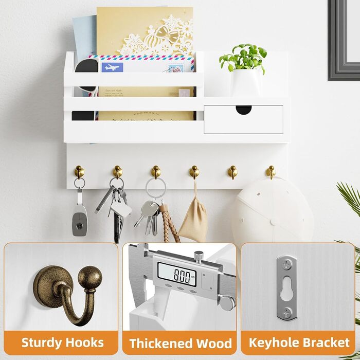 Настінна органайзер для ключів з 6 гачками та шухлядою, дерев'яна полиця для ключів, настінний тримач для ключів, для прихожей, вітальні, офісу (білий)
