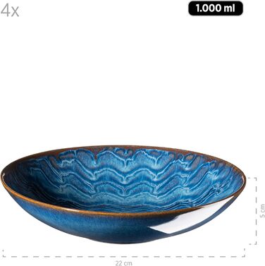 Набір тарілок MÄSER Aquamarine (12 шт.) з якісної кераміки: великі, супові та десертні. Керамічний посуд для 4 осіб, блакитний колір, з візерунком.