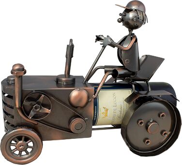 BRUBAKER Tractor Wine Bottle Holder with Tractor Driver - Decorative Object, Metal Bottle Stand with Greeting Card for Wine Gifts