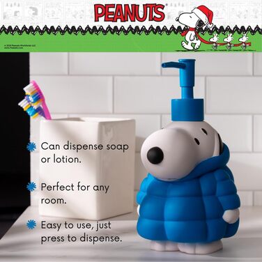 Franco Collectibles Peanuts Snoopy Puffer Coat Soap/Lotion/Hand Sanitizer Dispenser, Resin, Pump Dispenser, 488 ml, Official Licensed Product