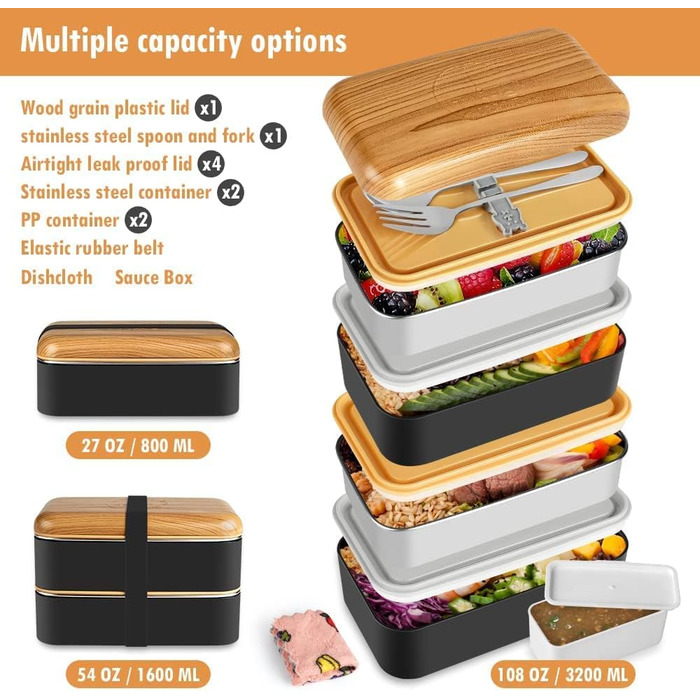 HOLIPOT Ланчбокс Bento Box з роздільниками, 2 рівні, з нержавіючої сталі та PP, з набором столових приборів та сумкою, для дітей та дорослих (Чорний)