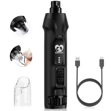 Електричний точило для собачих кігтів Casfuy - 6 ступенів, тихе, з LED-підсвіткою та збирачем пилу, 4.8V, для великих собак (чорний)