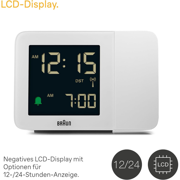 Braun Digital Radio Projection Clock for Central European Time Zone (DCF) with Negative LCD Display, Quick Set and White Alarm Beep, BC15W-DCF.