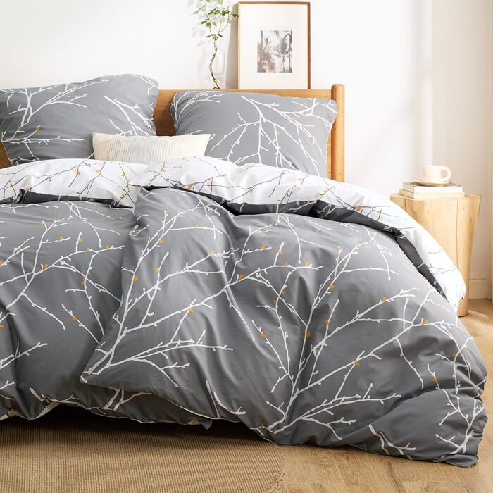 BEDSURE Комплект постільної білизни 135x200, бавовна, 4-х частинний, сірий/бежевий/помаранчевий. Комплект постільної білизни з ковдрою та двома наволочками 80x80 см, з принтом гілок, на блискавці, ÖKO-TEX, комплект постільної білизни