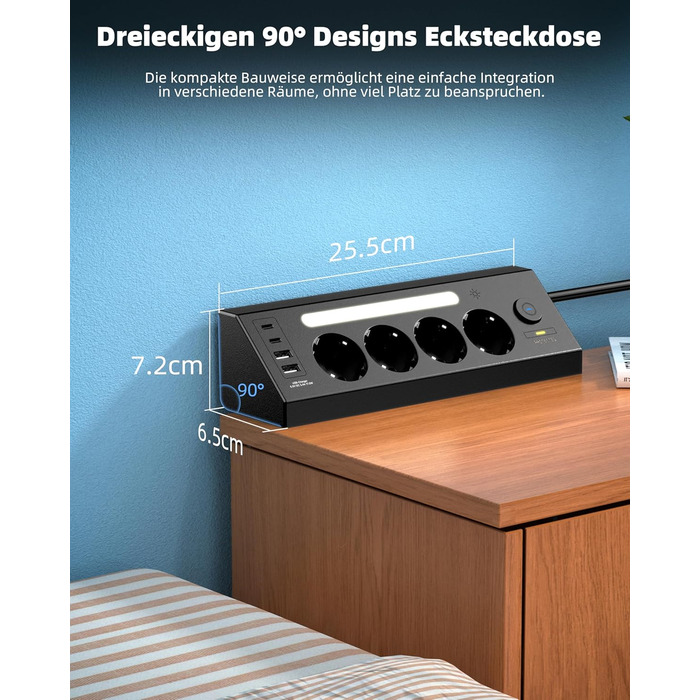 Кутова мережева розетка з USB та 2 Type-C, 4 слоти, з вимикачем, захист від перенапруги, LED, кабель 1.8м