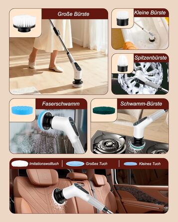 Електрична щітка для прибирання 8-в-1 з набором насадок, для ванної, кухні, авто, підлоги (червона)