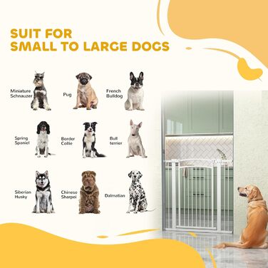 PawHut Бар'єр для собак, ворота з регульованою шириною 76-104 см, захисний ґрат для собак з 2 розширеннями, подвійний замок та маленькі дверцята для сходів та дверей, білий