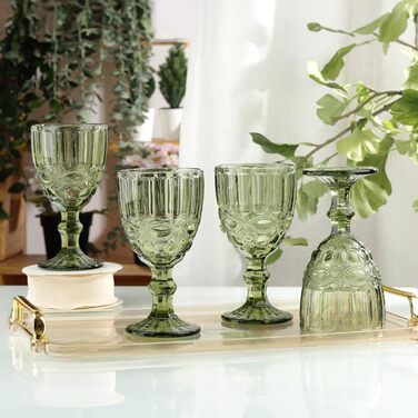 Joeyan 300ml Green Wine Glasses, Set of 4 Vintage Goblets with Cut Glass, Colored Wine Glass for Wine Juice Drinks, Red Wine Glasses White Wine Glasses Drinking Glasses with Stem, Dishwasher Safe