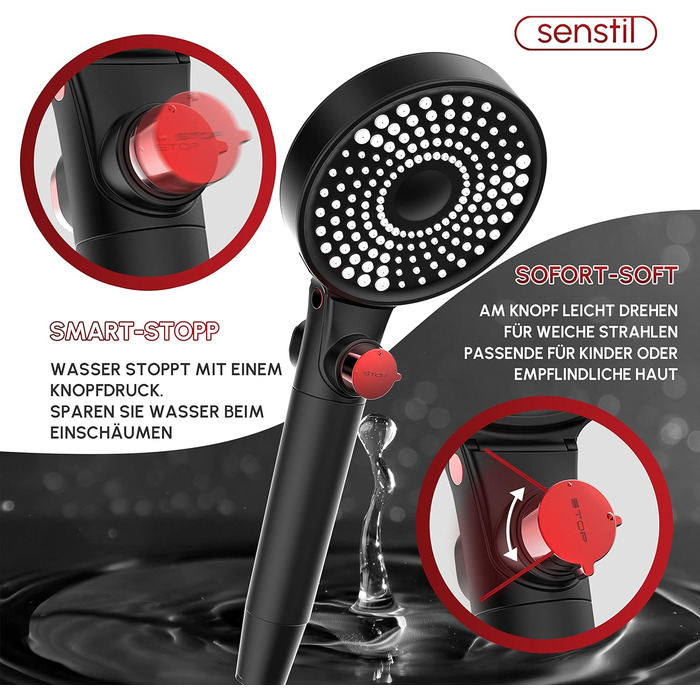senstil® Premium Showerhead with Hose | Up to 60% Water-Saving Handheld Shower | 3 Spray Modes | SPA, Rain Shower, Booster | Optimal Water Pressure, Smart-Stop Button Saves Water & Energy (White) (Black Max)