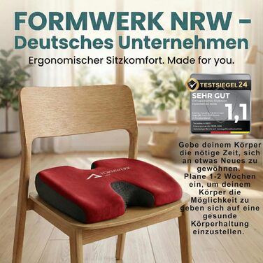 Ортопедична подушка для сидіння Formwerk NRW - Преміум ергономічна подушка для офісу та авто з 3D Memory Foam, сертифікат OEKO-TEX-100 (60-100 кг), червона