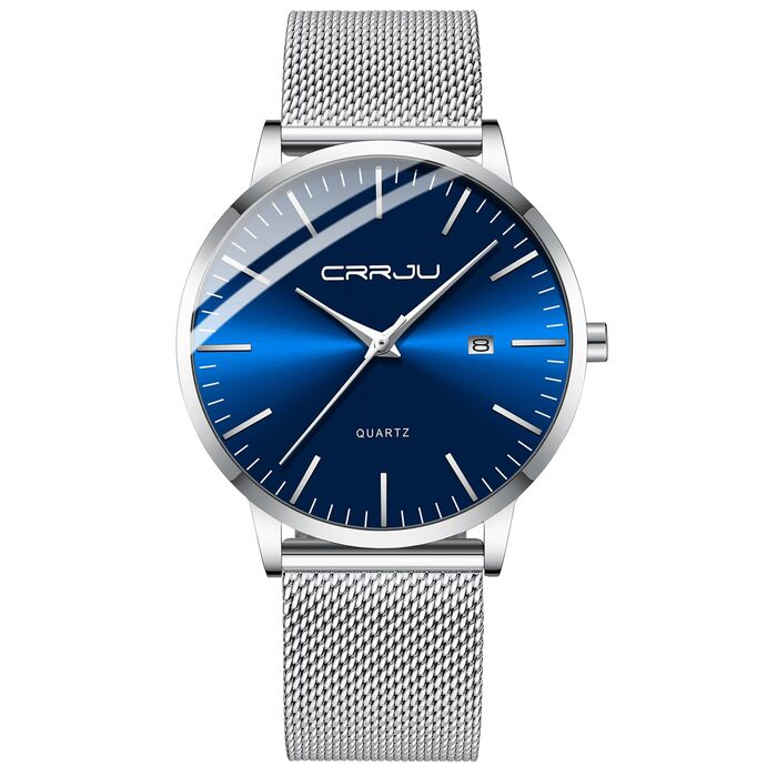 Годинник чоловічий CRRJU, ультратонкий, водостійкий, з чорним міланським браслетом, кварцовий, бізнес-стиль (сріблястий, блакитний)