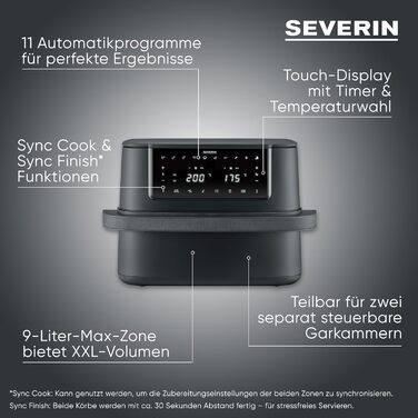Фритюрниця Severin Max Zone Flex 9L з двома зонами приготування, чорна, з функцією сушки, 2600W