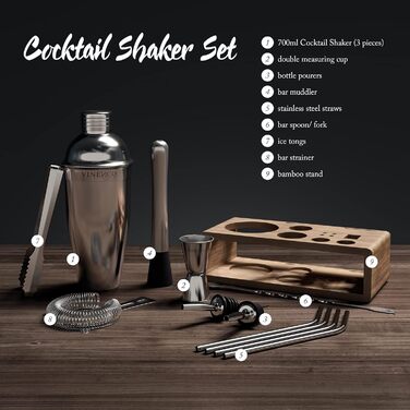 Cocktail Shaker Set with Stand & Recipe Book: Premium Stainless Steel Bar Cocktail Set, Cocktail Shaker, Measuring Jigger, Straws, Bar Spoon, Muddler | Bartender Bar Set Cocktail Accessories Gift for Women Men