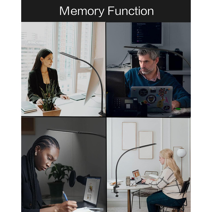 Настільна лампа HOKONE LED з клемою, димер, 4 кольори, 10 рівнів яскравості, гнусий «лебединий шия», 360° регулювання, для офісу, чорна T7-schwarz