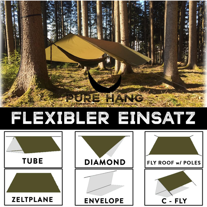 PURE HANG Преміум Намет-Тарп 3x3 для Гамака, Outdoor, Кемпінг, 100% Водонепроникний, з Люверсами, Сонцезахист, UV Захист, 3x3 Military Green